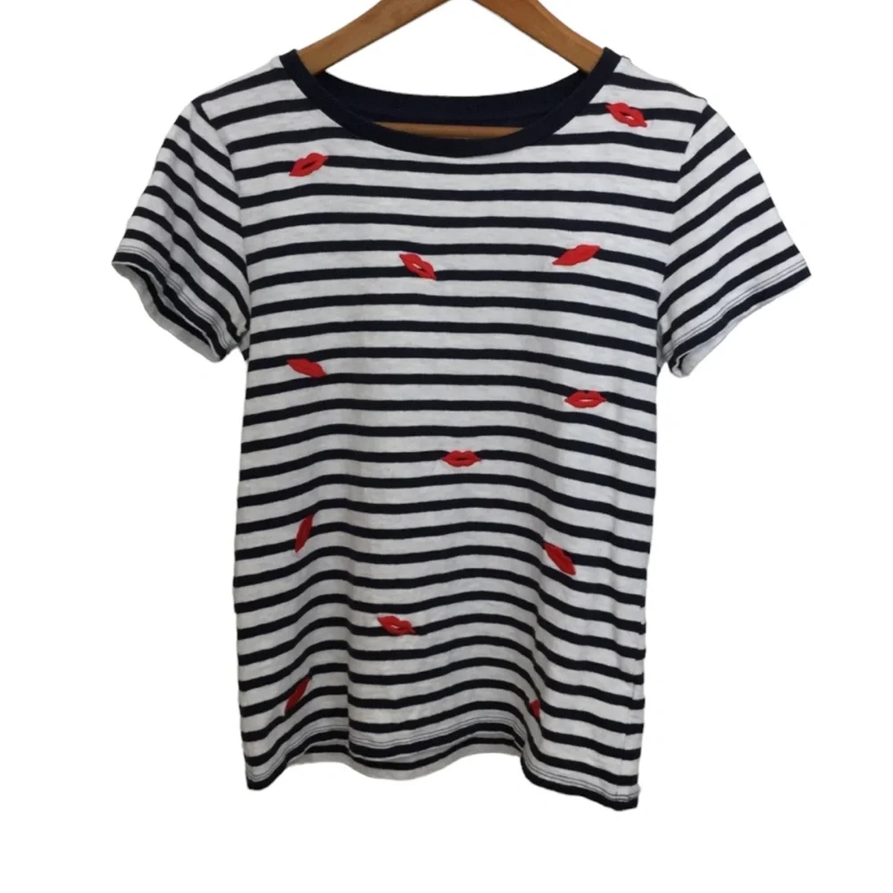 J. CREW Women’s sz Small T Shirt Striped Red Lips Short Sleeve Top Cute Blue Red